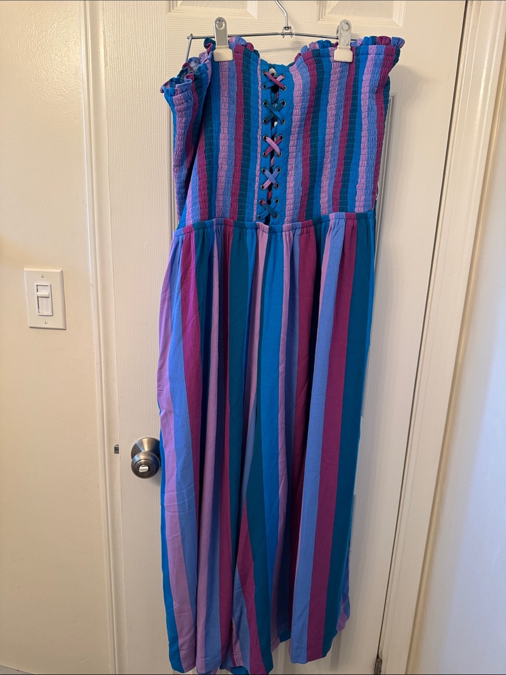 Plus Size Women Strapless Striped Maxi Romper in Blue and Purple